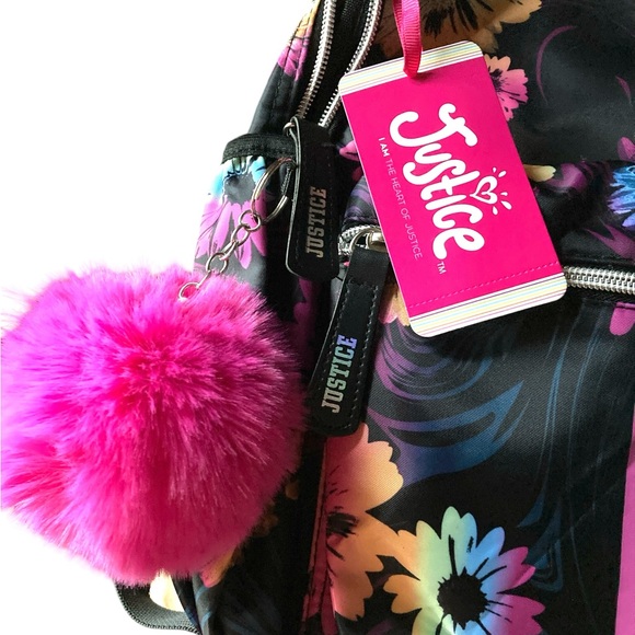 Justice 17” Floral Laptop Backpack With Pom Pom Dangle And Key Ring - Picture 3 of 6